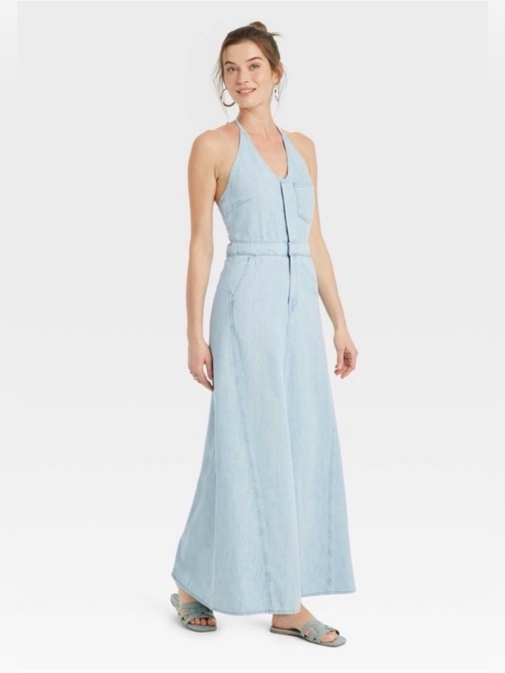 Universal Thread Light Wash Denim Halter Maxi Dress Open Back Pockets Size 12 - Picture 2 of 12